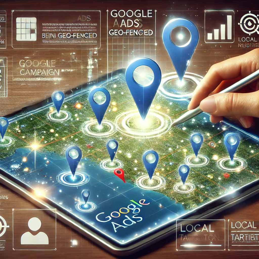 DALL·E 2024-10-21 14.09.38 - A detailed digital illustration of a Google Ads campaign being geo-fenced. The image shows a digital map on a screen, highlighting specific geographic